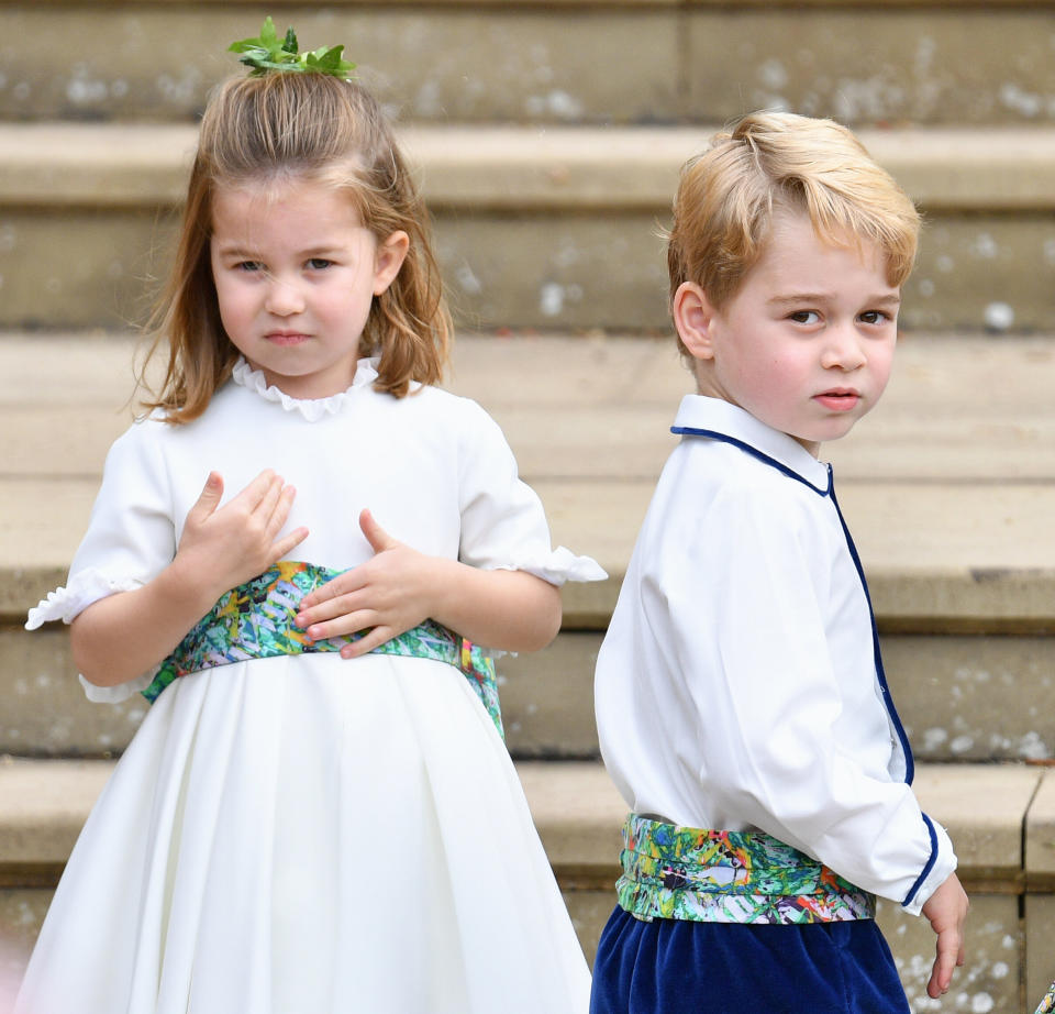 Prince George with Princess Charlotte at the wedding of Princess Eugenie of York and Jack Brooksbank in Windsor on Oct. 12, 2018.