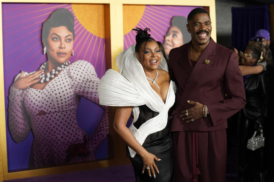 Taraji P. Henson, left, and Colman Domingo, cast members in "The Color Purple," pose together at the premiere of the film at the Academy Museum of Motion Pictures, Wednesday, Dec. 6, 2023, in Los Angeles. (AP Photo/Chris Pizzello)