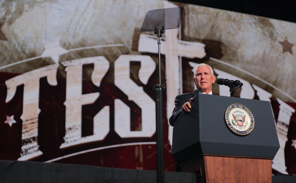 Vice President Mike Pence was among the speakers at the Southern Baptist Convention's annual meeting on June 13, 2018, in Dallas. Leaders of the denomination have failed to condemn racist rhetoric from President Trump even as they have pushed aside efforts to end racial injustice. (Photo: Rodger Mallison/Fort Worth Star-Telegram via Getty Images))