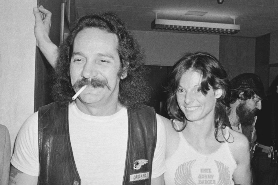 Hells Angels founder Sonny Barger and his wife, Sharon, are shown after his release on $100,000 bond in San Francisco in 1980. Barger, the leather-clad figurehead of the notorious Hells Angels motorcycle club, died at age 83 in June. Barger will be memorialized Saturday in Stockton.