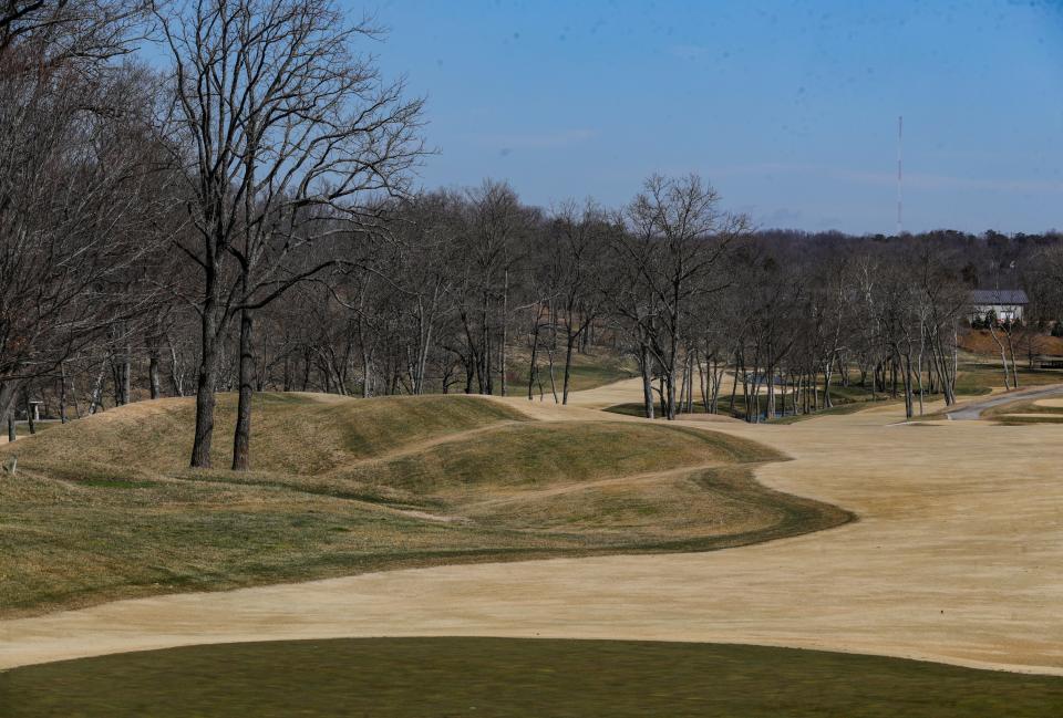 A look down the No. 17 green and fairway, which is called No Mercy at Valhalla. The golf course will host the 2024 PGA Champioinship. There will be 284 structures and more than 700,000 square feet of decking. Around 3,100 volunteers will work the event. Feb. 23, 2024