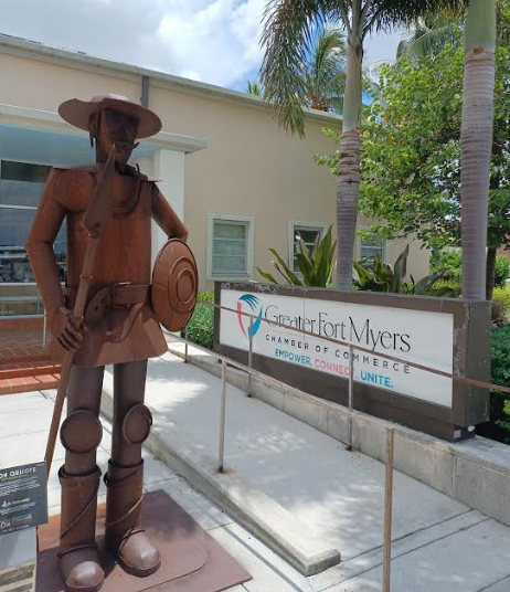 Lee County Commissioner Brian Hamman is now head ofthe Greater Fort Myers Chamber of Commerce in addition to his commission duties. The building, guarded by a  Carhona statue of Don Quijote, is owned by the city of Fort Myers, which is redeveloping the yacht basin across the street.