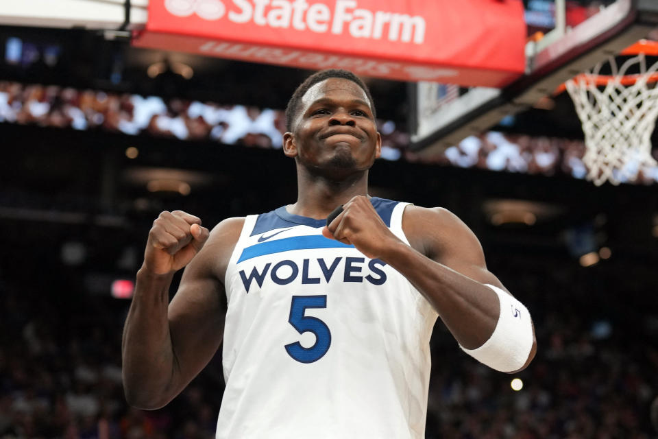 Apr 28, 2024; Phoenix, Arizona, USA; Minnesota Timberwolves guard Anthony Edwards (5) reacts against the Phoenix Suns during the first half of game four of the first round for the 2024 NBA playoffs at Footprint Center. Mandatory Credit: Joe Camporeale-USA TODAY Sports