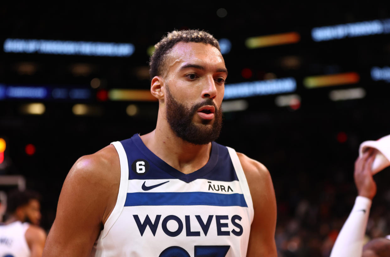 Nov 1, 2022; Phoenix, Arizona, USA; Minnesota Timberwolves center Rudy Gobert (27) against the Phoenix Suns at Footprint Center. Mandatory Credit: Mark J. Rebilas-USA TODAY Sports