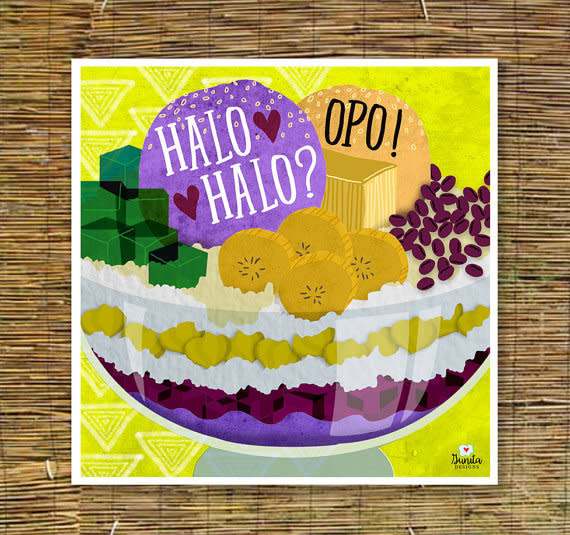 Halo Halo Kitchen Art<br />$10.00+, <a href="https://www.etsy.com/listing/454651668/halo-halo-kitchen-art-print-tagalog?ga_order=most_relevant&amp;ga_search_type=all&amp;ga_view_type=gallery&amp;ga_search_query=filipino%20food%20art&amp;ref=sr_gallery_14" target="_blank">Etsy.&nbsp;</a>