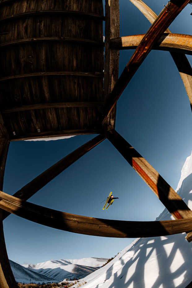 The location of this jump has a much longer history of throwing skiers into the air than most kickers. It sits on Ruud Mountain in Sun Valley, Idaho, right beside one of the world’s first chairlifts, built in 1938 and still standing. The spot on the hill where the jump is built was the original ski jumping venue. The structure framing Karl in the shot was the judges' platform.<p>Photo: Tal Roberts</p>