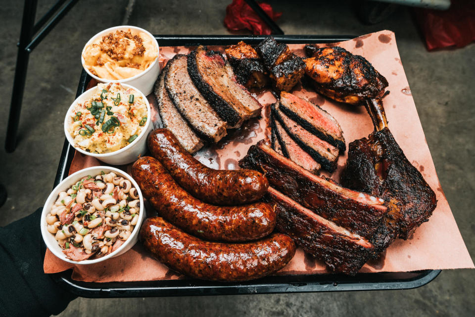 A tray of meats and sides from Matt Horn's Horn Barbecue in the Bay Area of Northern California. (Photo: Courtesy of Horn Barbecue)