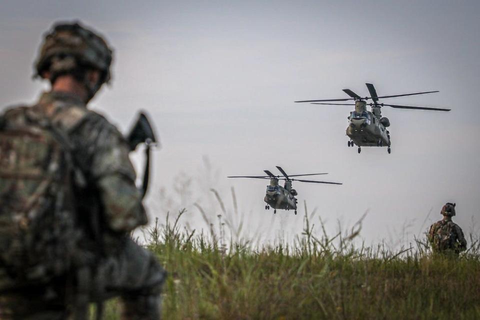 Helicopter crews assigned to the 82nd Combat Aviation Brigade, 82nd Airborne Division, conduct a joint air assault operation with paratroopers assigned to 2nd Brigade Combat Team, 82n Airborne Division during an Aug. 19, 2023, Culminating Training Exercise - Falcon Giant on Fort Liberty. The Combat Aviation Brigade will be deploying in the fall.