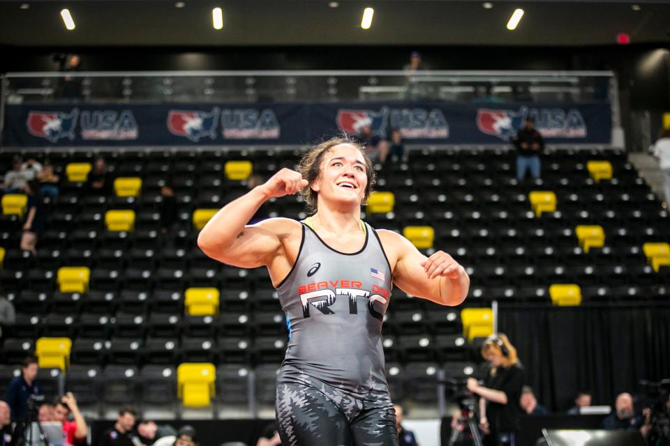 Mallory Velte reacts after winning her third match at 65 kg during the final session of the USA Wrestling World Team Trials Challenge Tournament on May 22 at Xtream Arena in Coralville.