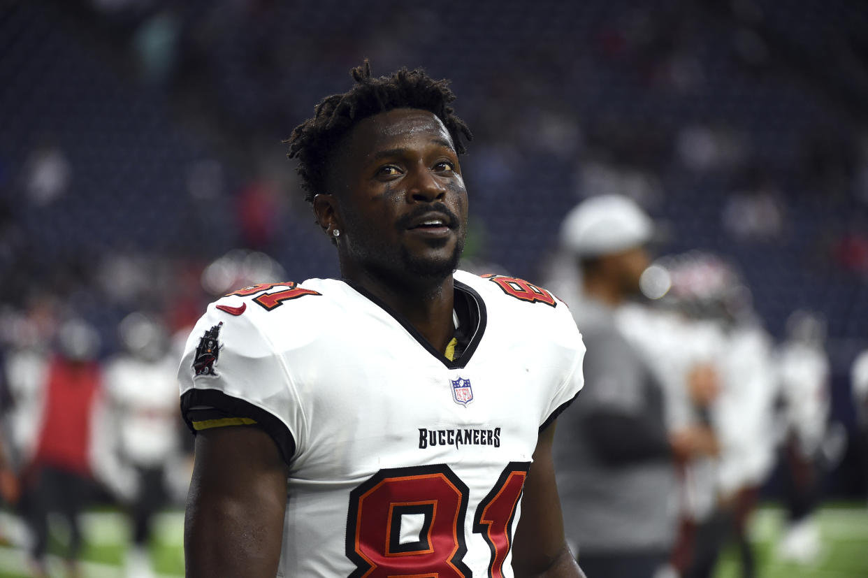 Tampa Bay Buccaneers wide receiver Antonio Brown (81) warms up before an NFL preseason football game against the Houston Texans Saturday, Aug. 28, 2021, in Houston. (AP Photo/Eric Christian Smith)