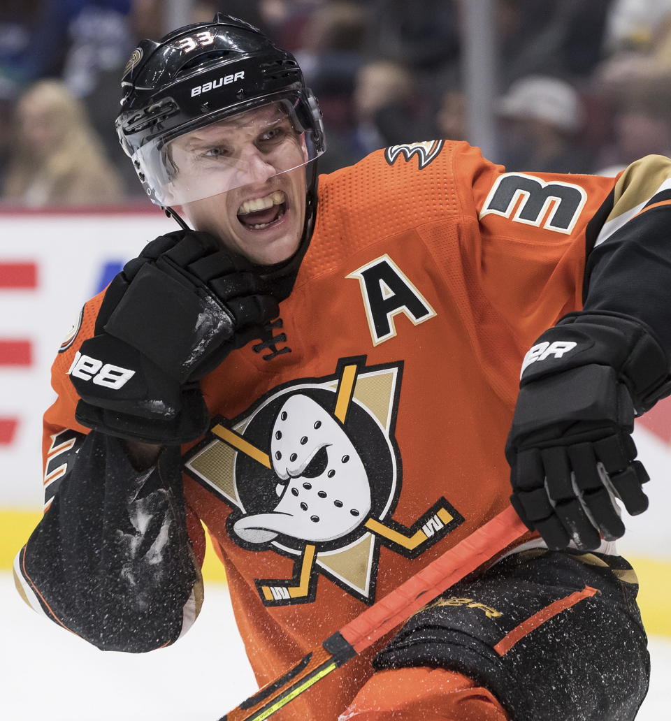 Anaheim Ducks' Jakob Silfverberg, of Sweden, looks to a referee for a penalty call against the Vancouver Canucks during the first period of an NHL hockey game Sunday, Feb. 16, 2020, in Vancouver, British Columbia. (Darryl Dyck/The Canadian Press via AP)