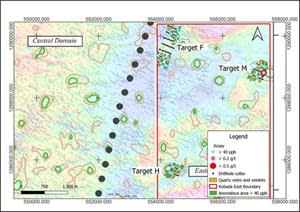 Figure 3: Auger Drilling Results over the Northern Portion of the Kobada Est Shear (Target F).