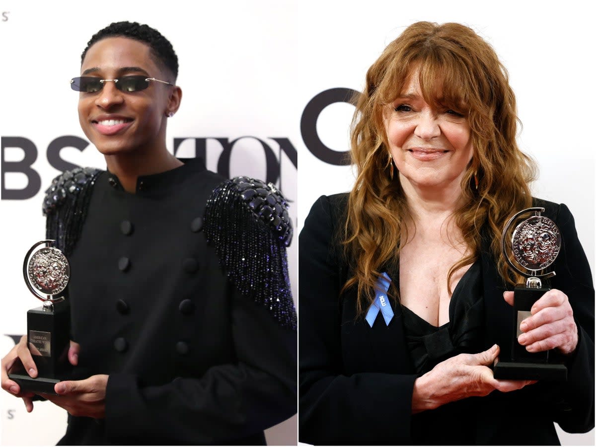 Myles Frost and Deirdre O’Connell win the leading actor in a musical award and the best actress in a play for their work award respectively (Getty )