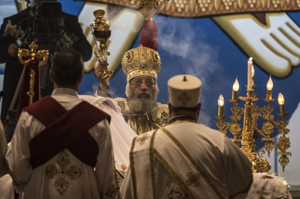 Egyptian Coptic Christian religious leader Pope Tawadros II leads Christmas celebration at the St. Mark's Coptic Orthodox Cathedral in the Abbassia District of Cairo on January 6, 2017. (Photo: KHALED DESOUKI via Getty Images)
