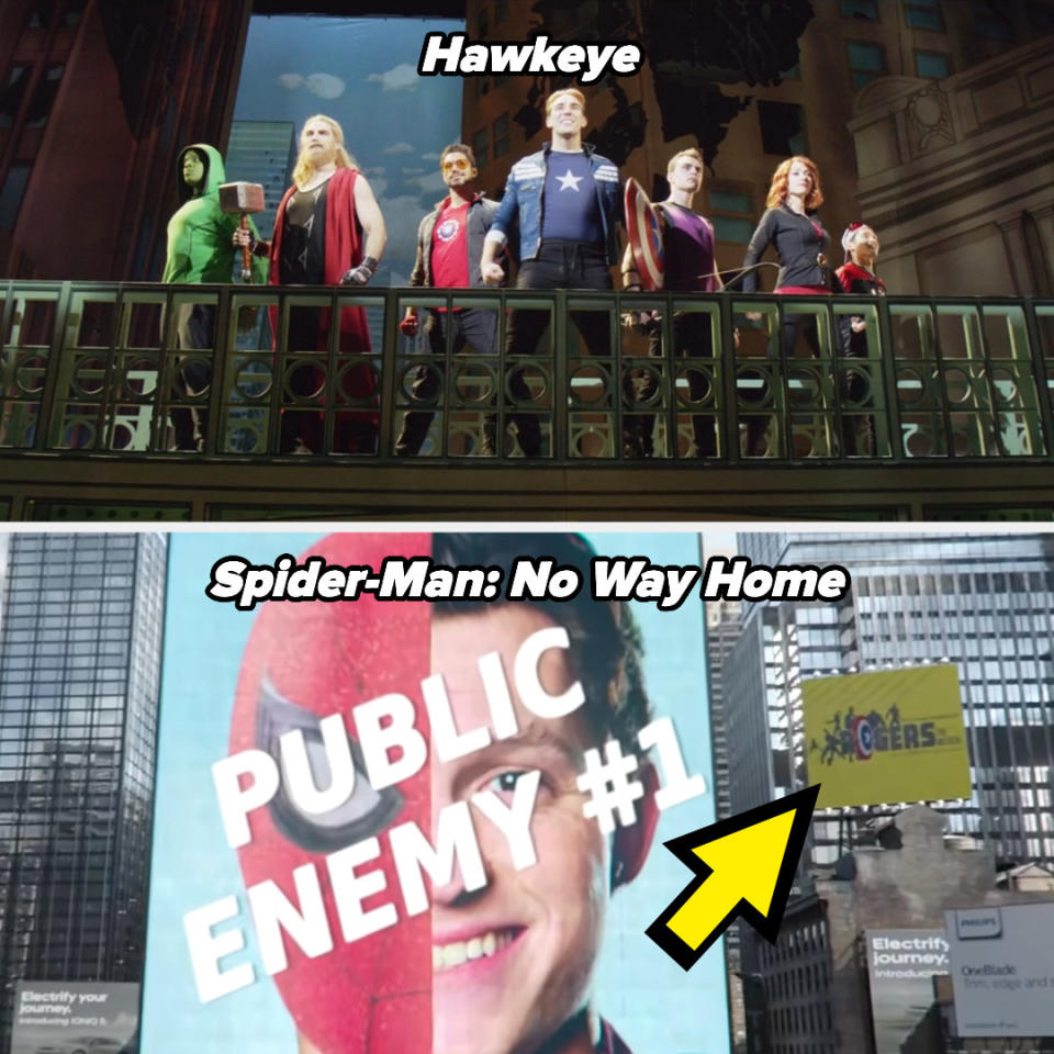 Rogers the Musical billboard in Hawkeye showing the Avengers on a balcony; Rogers the Musical billboard near a Spider-Man: Public Enemy #1 billboard in No Way Home