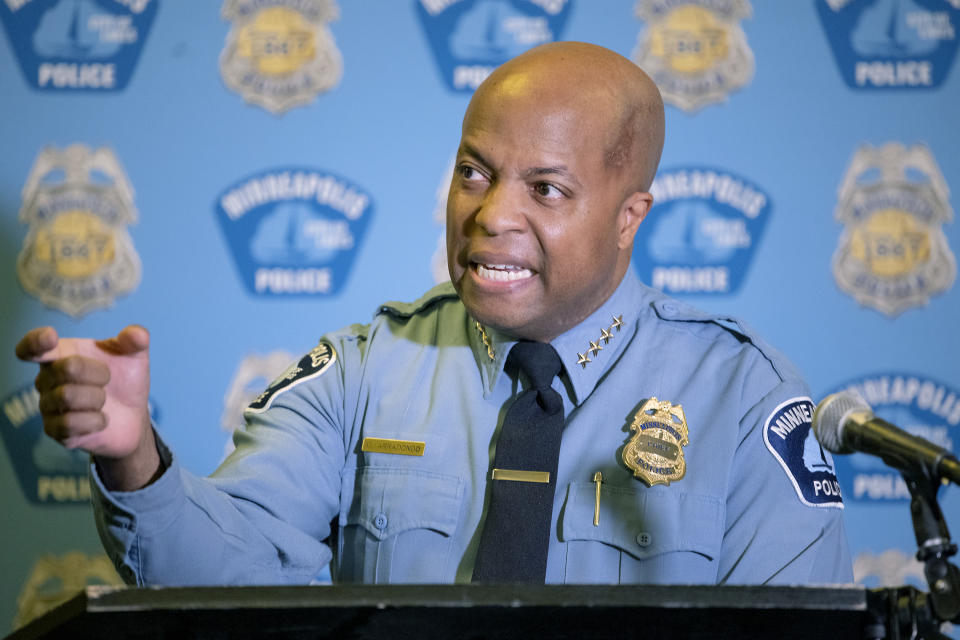 Minneapolis police chief Medaria Arradondo addresses the media regarding the proposed charter amendment that would replace the police department, during a news conference at St. Mary's Greek Orthodox Church, Wednesday, Oct. 27, 2021 in Minneapolis, Minn. (Elizabeth Flores/Star Tribune via AP)