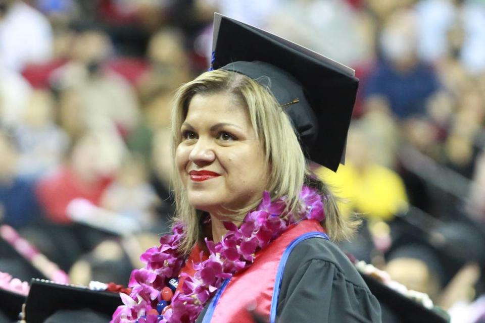 Fresno State’s Rebekah Moses during the College of Health and Human graduation ceremony Saturday (May 21) morning at the Save Mart Center. Rebekah Moses was selected as the 2022 undergraduate dean’s medalist for the Division of Students Affairs and Enrollment management. She earned her bachelor’s degree in health science with a 4.0 GPA.