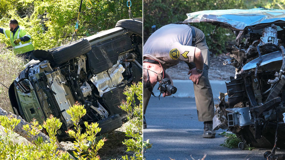 Seen here, authorities inspect Tiger Woods' badly damaged car.