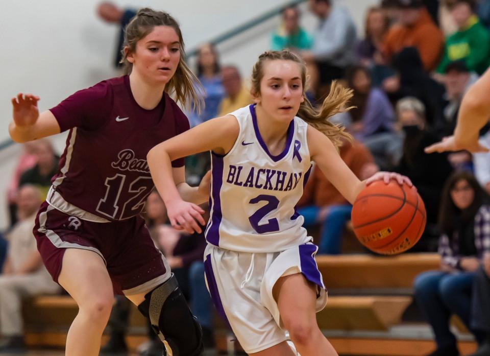 Blackhawk's Kassie Potts heads down the court past Beaver's Lauren Hansen during their game Thursday at Blackhawk High School..[Lucy Schaly/For BCT]