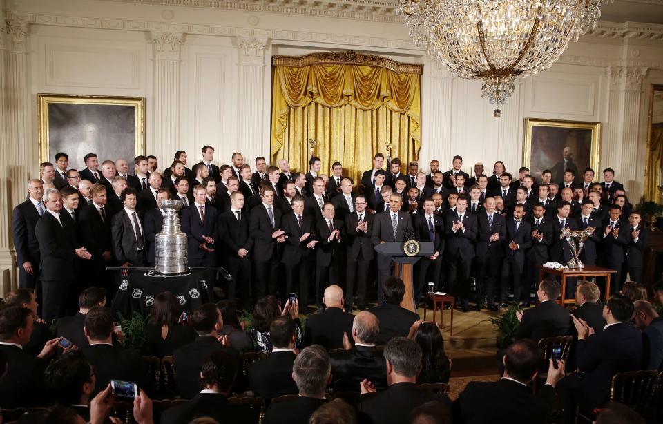 U.S. President Obama hosts 2014 NHL Stanley Cup winners Los Angeles Kings and 2014 MLS Cup champions Los Angeles Galaxy at the White House
