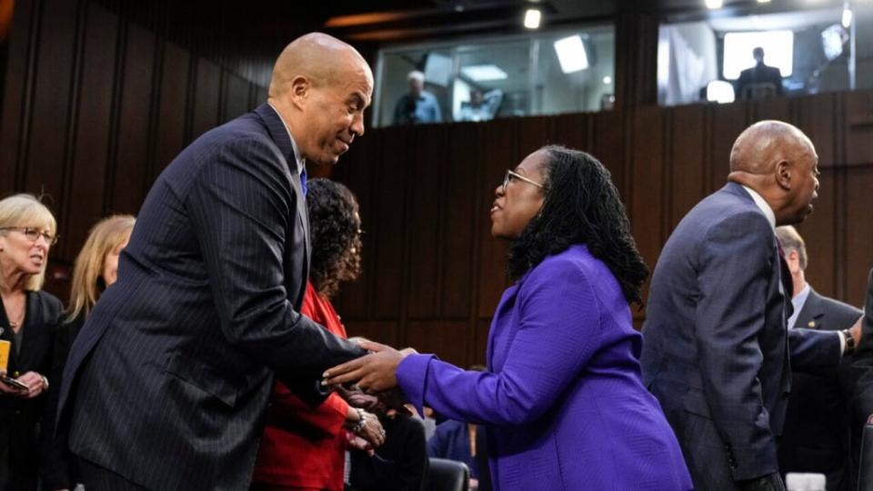 U.S. Supreme Court nominee Judge Ketanji Brown Jackson greets Sen. Cory Booker (D-NJ) during her confirmation hearing before the Senate Judiciary Committee in the Hart Senate Office Building on Capitol Hill March 21, 2022 in Washington, DC. (Photo by Drew Angerer/Getty Images)