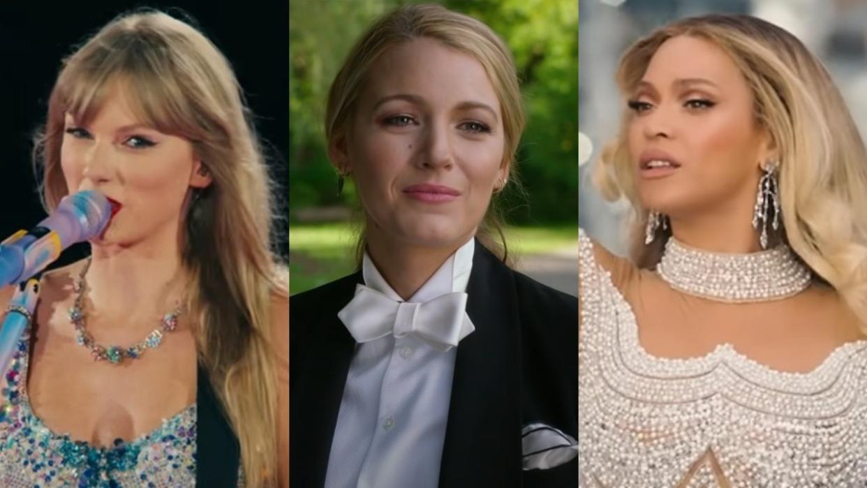  From left to right: screenshots of Taylor Swift talking into a mic during the Eras Tour, Blake Lively in A Simple Favor and Beyonce singing during the Renaissance Tour trailer. . 