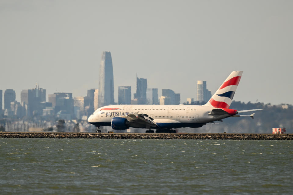 IAG SAN FRANCISCO, UNITED STATES - JUNE 8: A British Airways plane lands at San Francisco International Airport (SFO) in San Francisco, California, United States on June 8, 2023. (Photo by Tayfun CoSkun/Anadolu Agency via Getty Images)