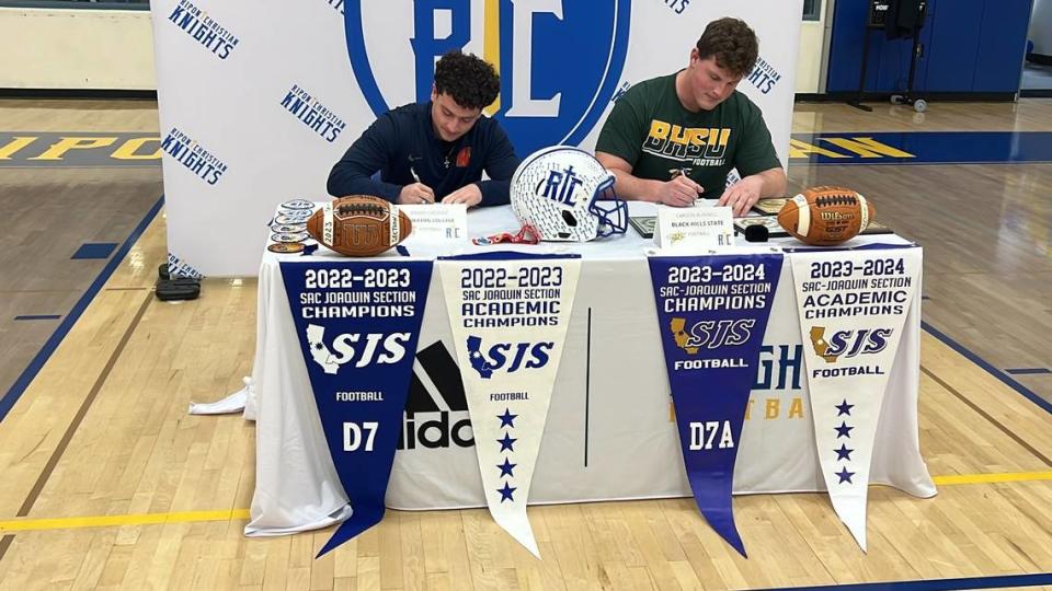 Ripon Christian High football players Brady Grondz and Carson Bunnell sign letters of intent to play college football during the football regular signing period on Feb. 7, 2023. Quinton Hamilton/qhamilton@modbee.com