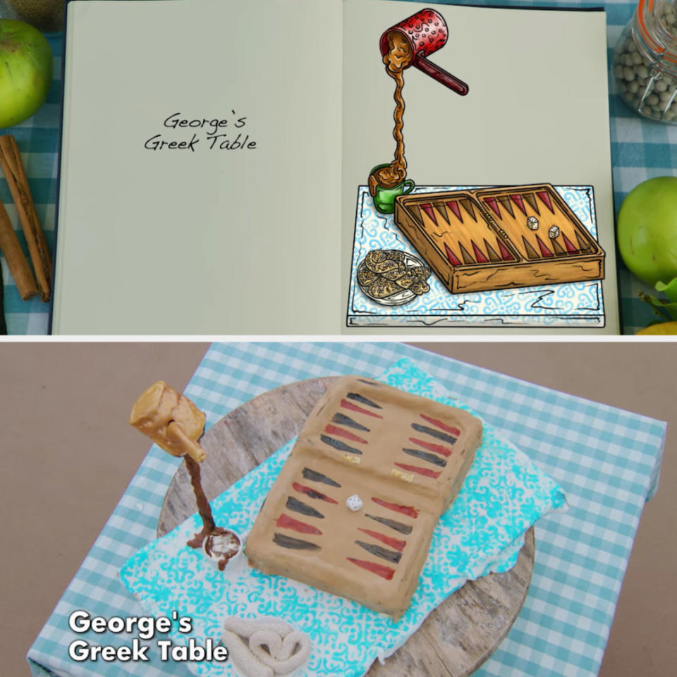 George's anti-gravity cake designed to look like a backgammon board and a coffee pot pouring into a mug side by side with its drawing