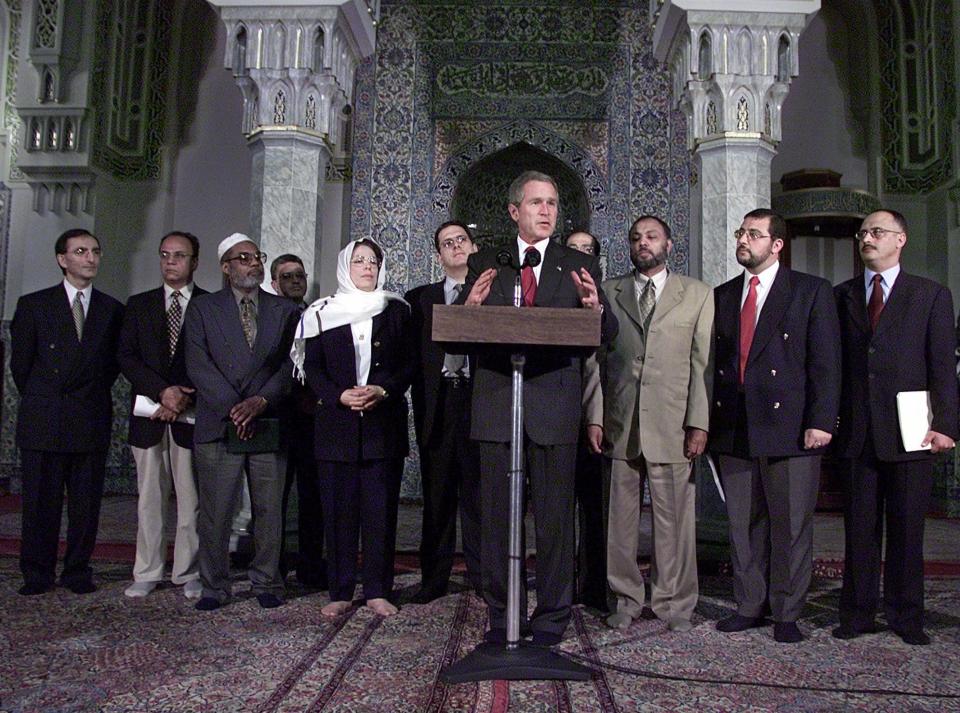 President George W. Bush and Islamic leaders at the Islamic Center of Washington on Sept. 17, 2001.