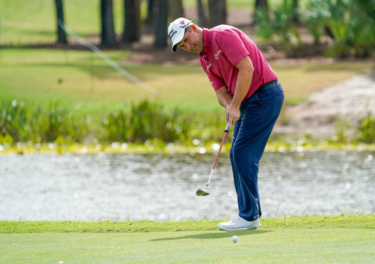 Co-leader Padraig Harrington attempts a long birdie putt on the 17th hole during the opening round of the TimberTech Championship at The Old Course at Broken Sound on Friday, November 3, 2023, in Boca Raton, FL.