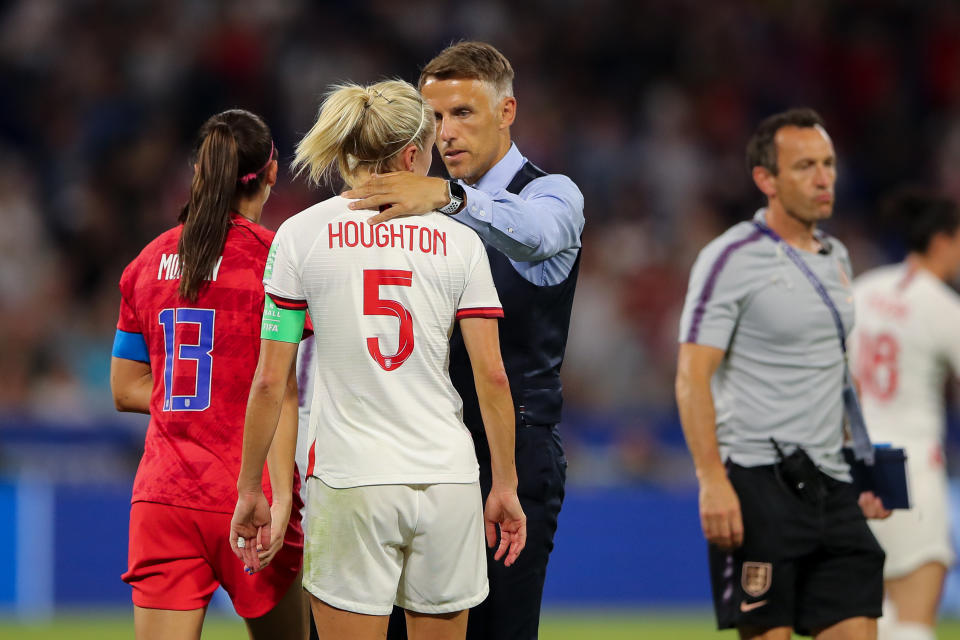 LYON, FRANCE - JULY 02: Steph Houghton of England and Phil Neville the head coach / manager of England react at full time during the 2019 FIFA Women's World Cup France Semi Final match between England and United States of America at Stade de Lyon on July 2, 2019 in Lyon, France. (Photo by Molly Darlington - AMA/Getty Images)