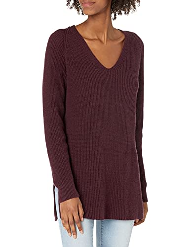 Goodthreads Women's Cotton Shaker Stitch Deep V-Neck Sweater, Burgundy Heather, Large