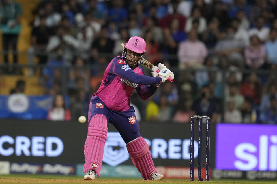 Rajasthan Royals's Shimron Hetmyer plays a shot during the Indian Premier League cricket match between Mumbai Indians and Rajasthan Royals in Mumbai, India, Sunday, April 30, 2023. (AP Photo/Rajanish Kakade)