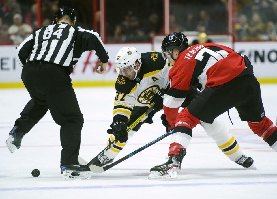 <p>
              Boston Bruins' Patrice Bergeron takes a face off against Ottawa Senators' Brady Tkachuk during first period NHL hockey action in Ottawa, Monday, Dec. 9, 2019. (Sean Kilpatrick/The Canadian Press via AP)
            </p>