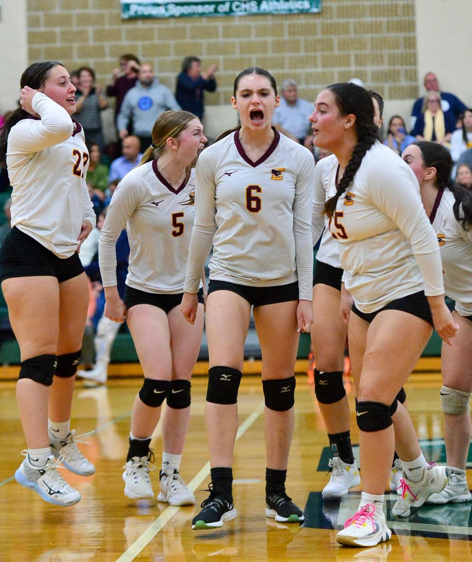 Case celebrates a point during Tuesday’s semifinals volleyball game against Lynnfield.