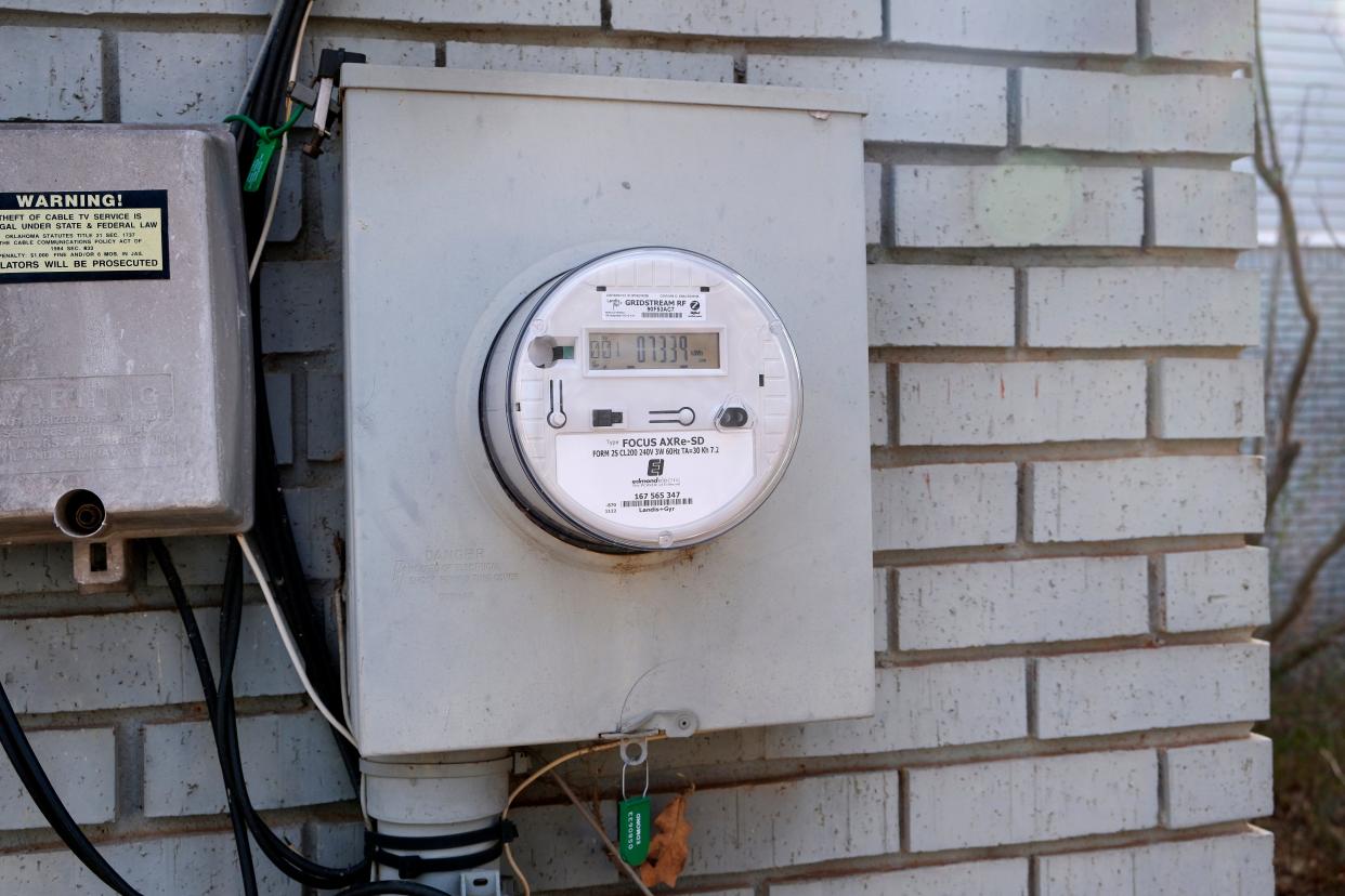 An Edmond Electric residential smart meter is pictured on a home. The meters eliminate the need for city workers to make monthly checks on meters serving customers' homes and businesses.