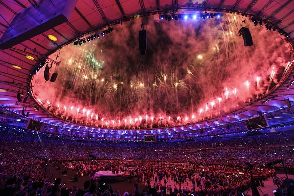 Fireworks and a laser show are performed during the Opening Ceremony of the Rio 2016 Olympic Games at Maracana Stadium in Rio de Janeiro, Brazil on August 05, 2016.<span class="copyright">Anadolu Agency—Getty Images</span>