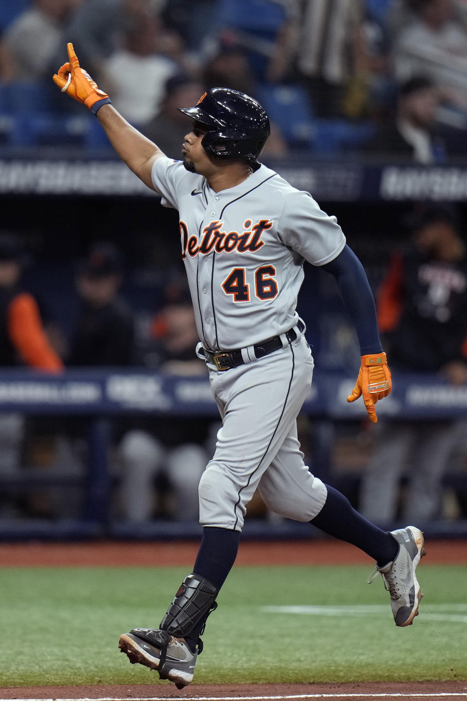 Detroit Tigers' Jeimer Candelario celebrates after his solo home run off Tampa Bay Rays starting pitcher Shane McClanahan during the fifth inning of a baseball game Tuesday, May 17, 2022, in St. Petersburg, Fla. (AP Photo/Chris O'Meara)