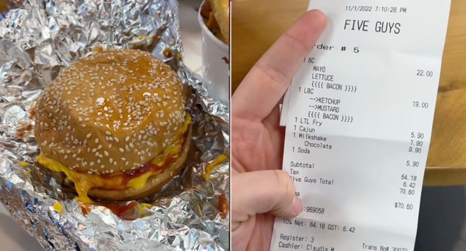 Five Guys burger and receipt pictured. 