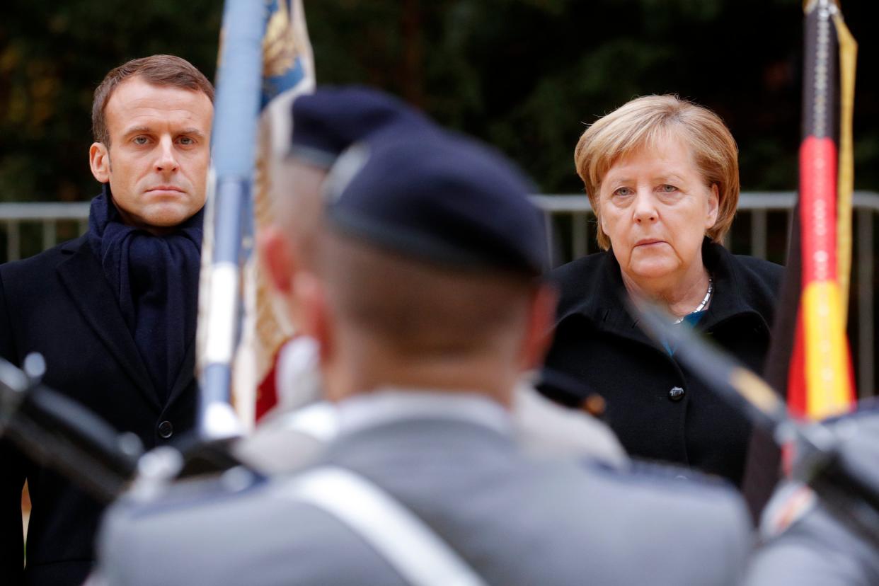 French president Emmanuel Macron and German chancellor Angela Merkel have both backed an EU army (Getty)