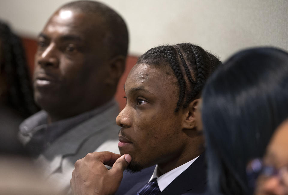 Former Las Vegas Raiders NFL football player Henry Ruggs III waits for his sentencing hearing at the Regional Justice Center, Wednesday, Aug. 9, 2023, in Las Vegas. Ruggs pleaded guilty May to felony DUI causing death and misdemeanor vehicular manslaughter. (Steve Marcus/Las Vegas Sun via AP)