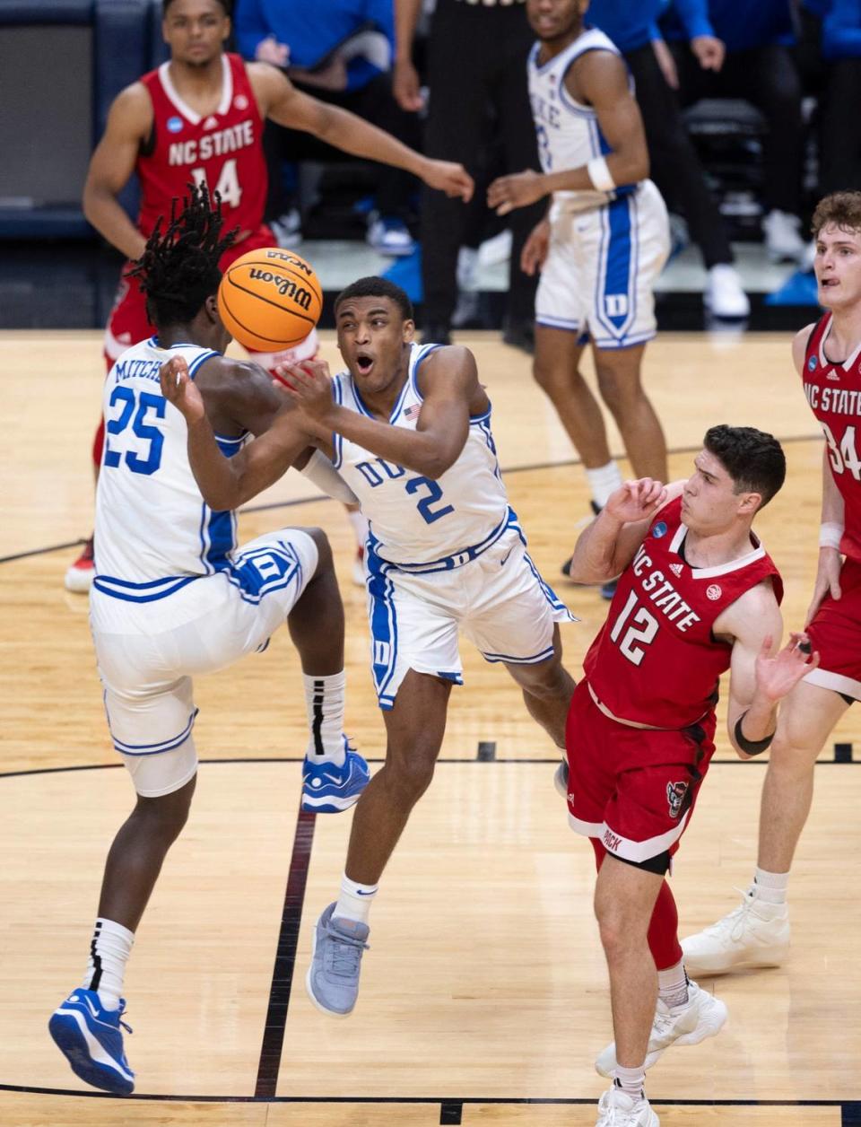 Duke’s Jaylen Blakes (2) secures an offensive rebound over N.C. State’s Michael O’Connell (12) in the first half during the NCAA South Regional final on Sunday, March 31, 2024 at the American Airlines Center in Dallas, Texas.