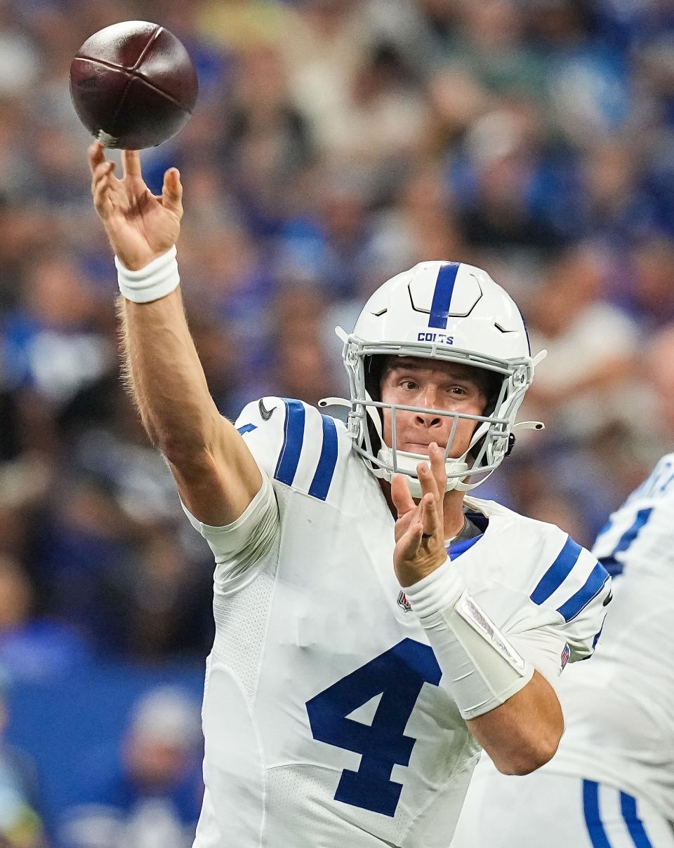 Indianapolis Colts quarterback Sam Ehlinger throws the ball during the team's game versus the Detroit Lions on Saturday. The former Westlake and Texas star completed 9 of 11 passes for 136 yards and two touchdowns in the second preseason game.