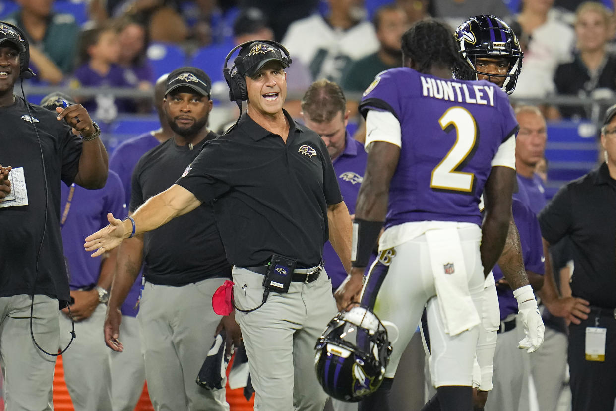 Baltimore Ravens coach John Harbaugh take the NFL preseason seriously, as evidenced by his team's 24-game winning streak. (AP Photo/Julio Cortez)