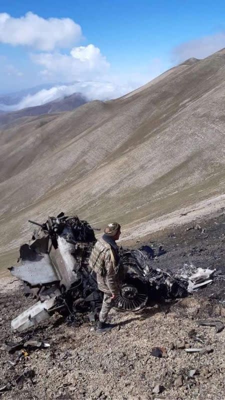 A view shows what is said to be the wreckage of a SU-25 warplane of the Armenian air forces shot down during fighting over the breakaway region of Nagorno-Karabakh