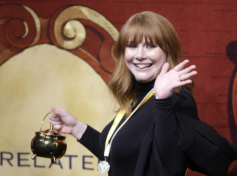 Actor Bryce Dallas Howard steps off stage after she was presented with Hasty Pudding Woman of the Year Award during a roast, Thursday, Jan. 31, 2019, at Harvard University, in Cambridge, Mass. The award was presented by Hasty Pudding Theatricals, a theatrical student society at Harvard University. (AP Photo/Steven Senne)