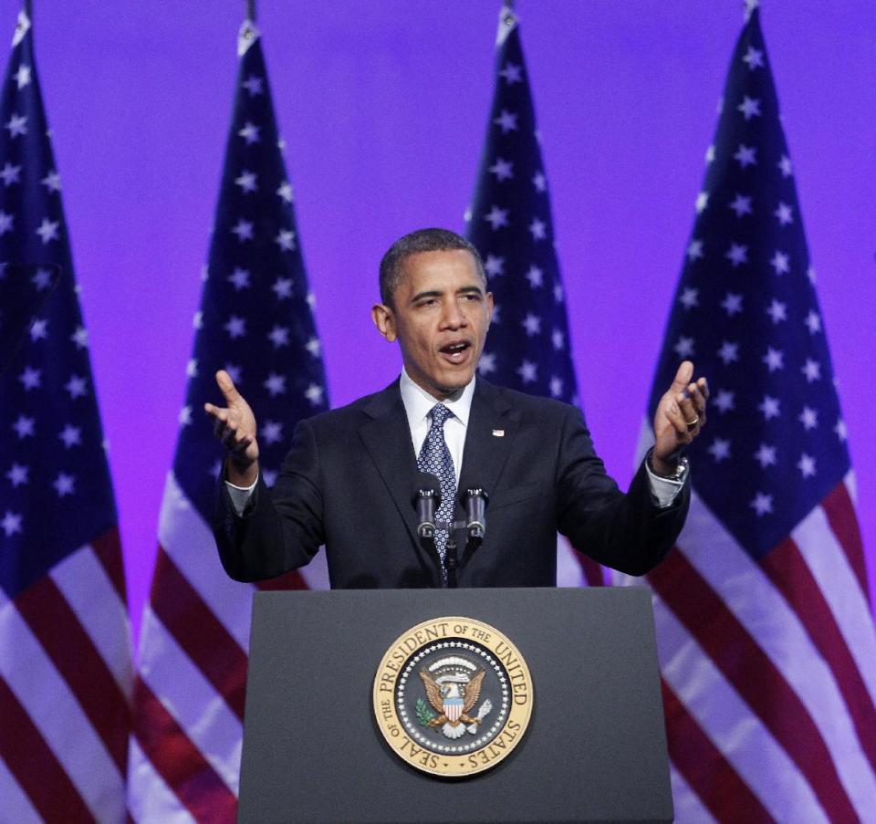 President Barack Obama speaks at The Associated Press luncheon during the ASNE Convention in Washington, Tuesday, April, 3, 2012. (AP Photo/Pablo Martinez Monsivais)