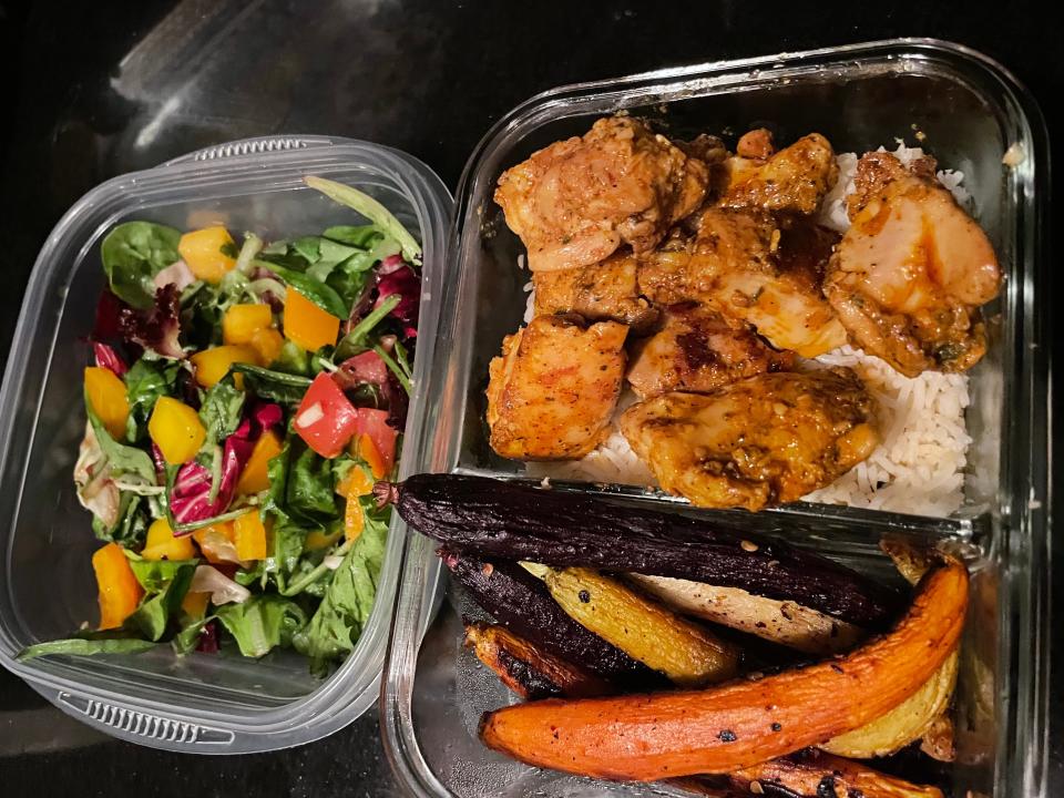 Trader Joe's chicken, carrots, salad