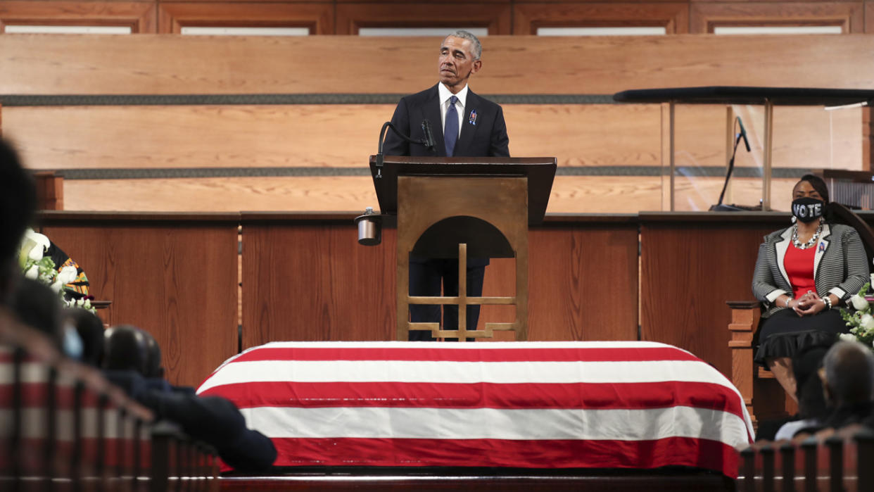 Former President Barack Obama gives the eulogy at the funeral service for the late Rep. John Lewis (D-GA) at Ebenezer Baptist Church on July 30, 2020 in Atlanta, Georgia. (Alyssa Pointer-Pool/Getty Images)